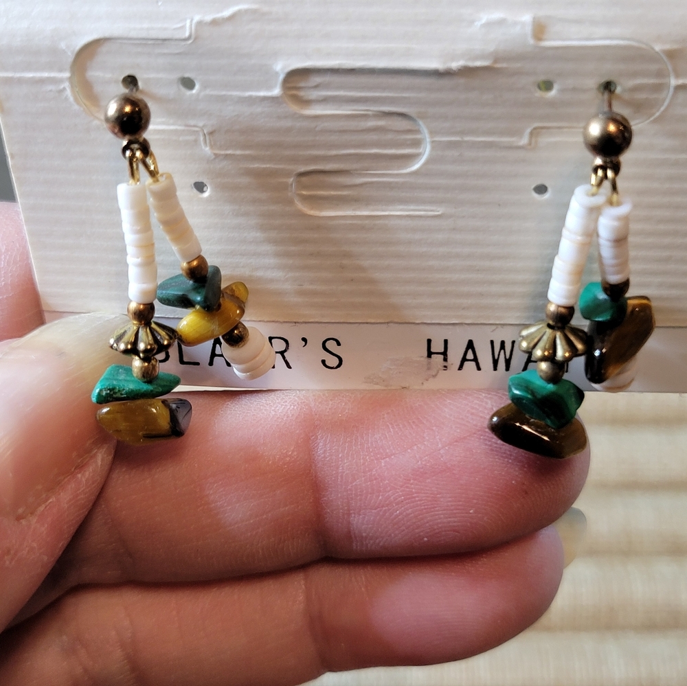 Vintage Blair's Hawaii Dangle Earrings Shell, Tiger Eye, Malachite NWT Post Back